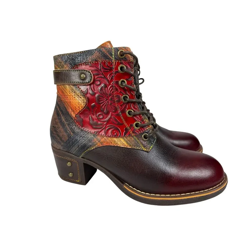 L'Artiste Spring Step Harmonic Boots Women 7.5-8 EU 38 Floral Plaid‎ Leather Zip